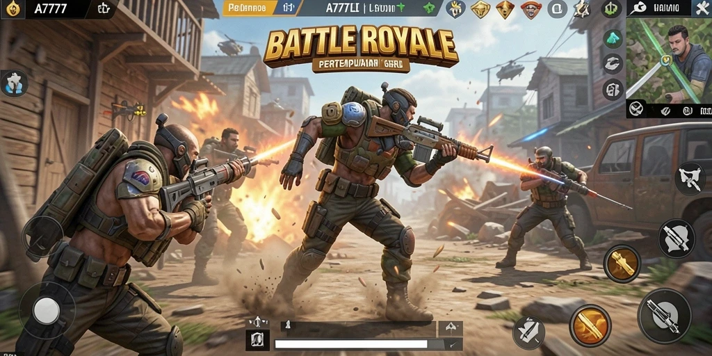 Screenshot A7777 menampilkan aksi seru dalam pertempuran Battle Royale.