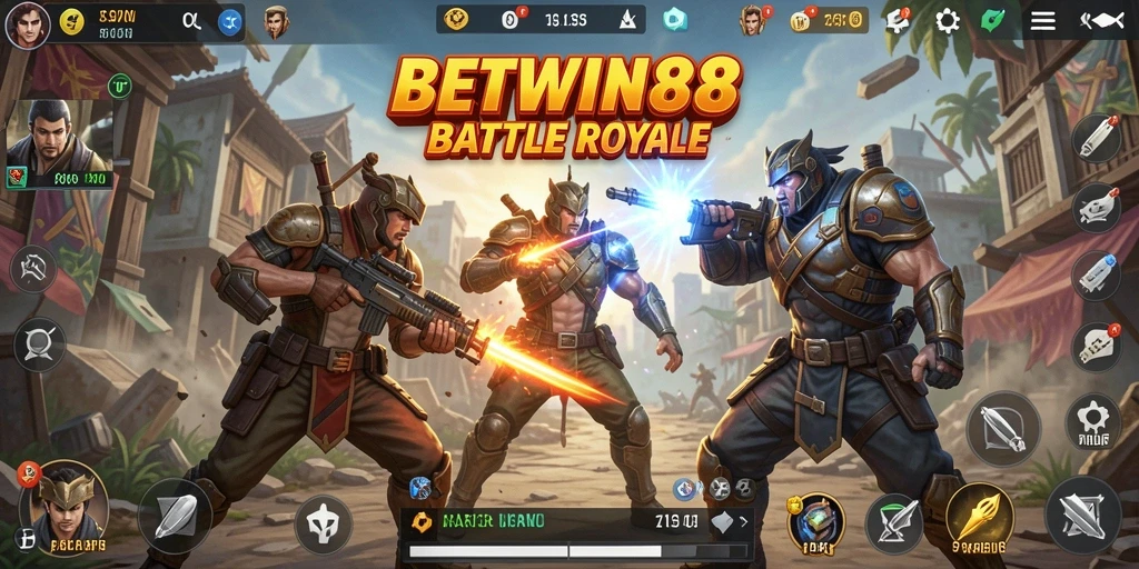 Screenshot utama BETWIN88 menunjukkan aksi seru dalam pertandingan Battle Royale.