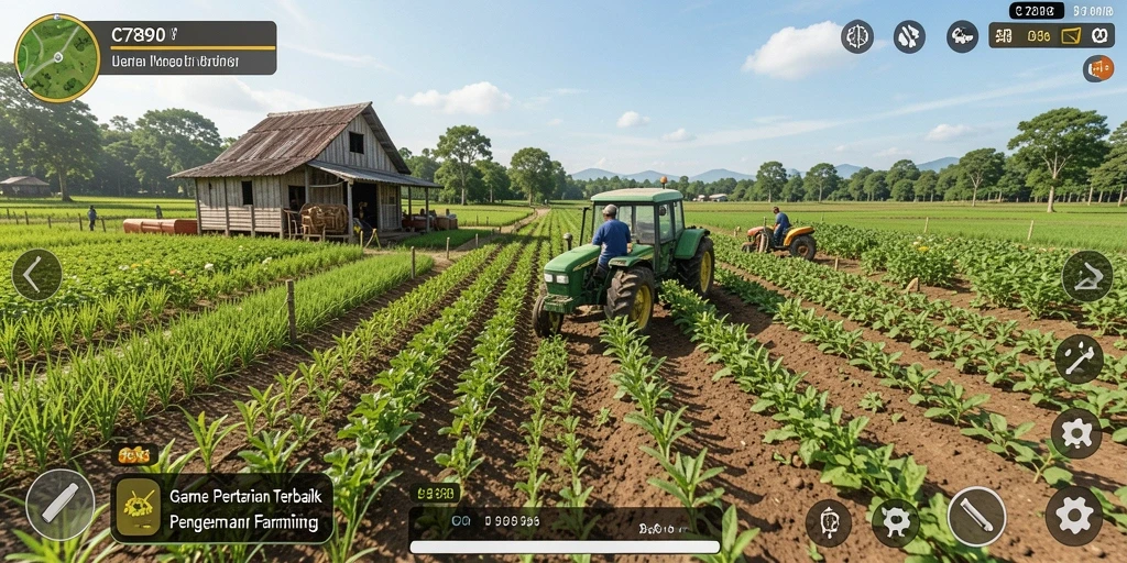 Screenshot gameplay C7890 dengan suasana pertanian yang indah.