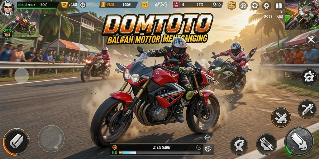 Screenshot DOMTOTO menampilkan aksi balapan motor yang seru.