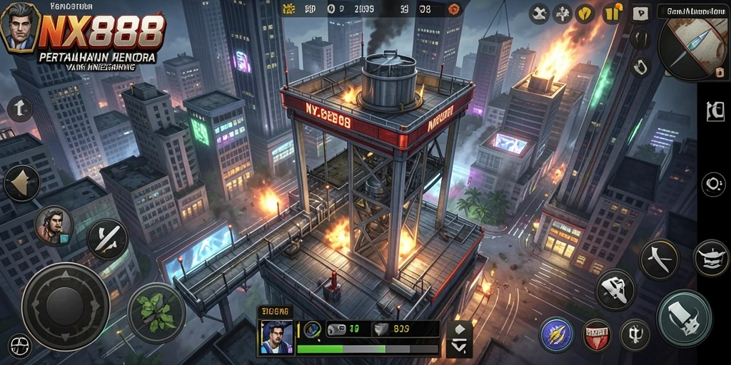 Tangkapan layar gameplay NX888 menampilkan menara dan musuh dalam pertempuran strategi.